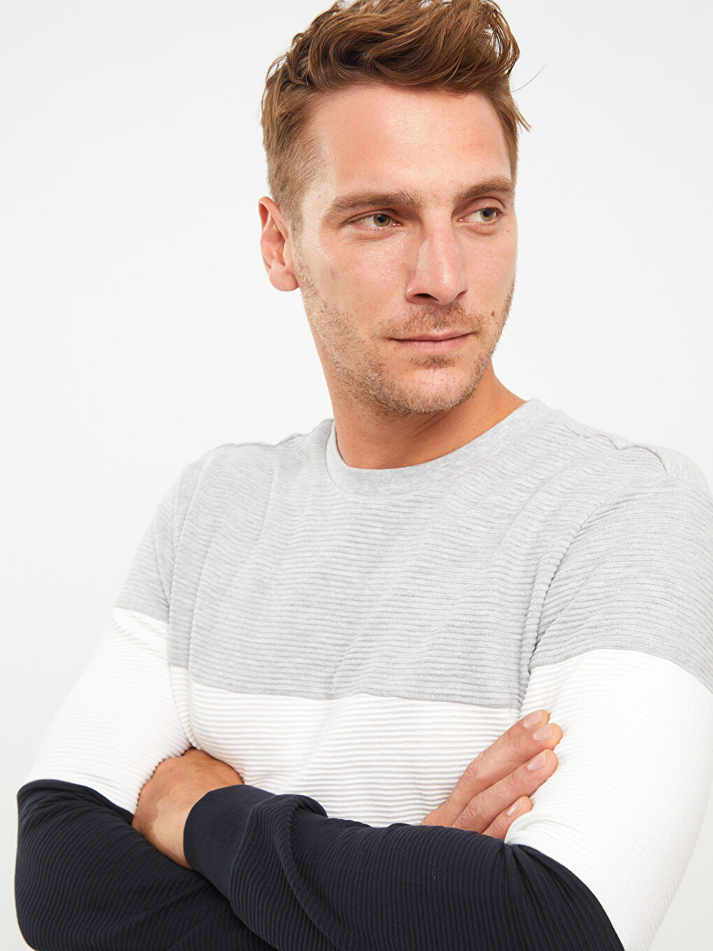 Hanorac cu Guler Rotund, Mânecă Lungă, Bloc de Culoare, pentru Bărbați-2