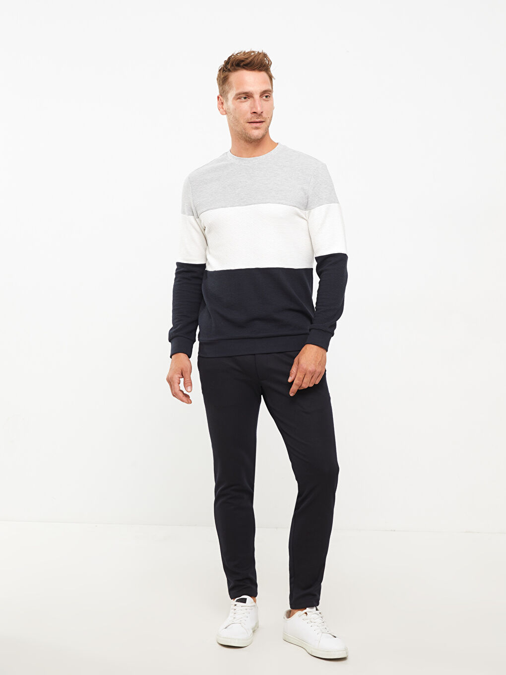 Hanorac cu Guler Rotund, Mânecă Lungă, Bloc de Culoare, pentru Bărbați-3