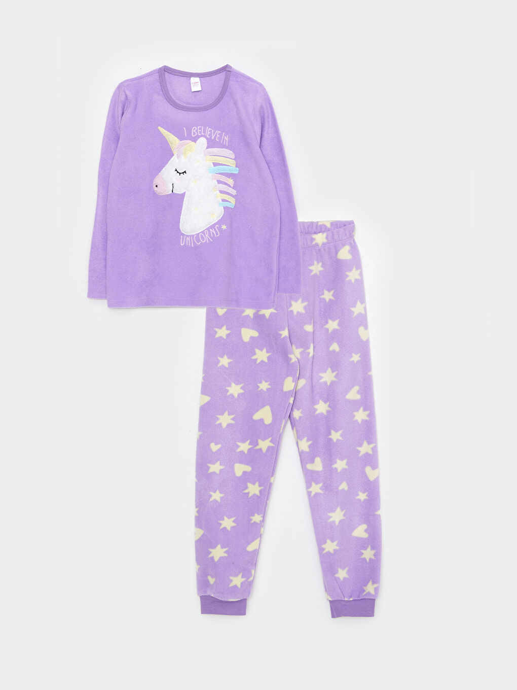 Lila Bisiklet Yaka Nakışlı Uzun Kollu Polar Kız Çocuk Pijama Takımı