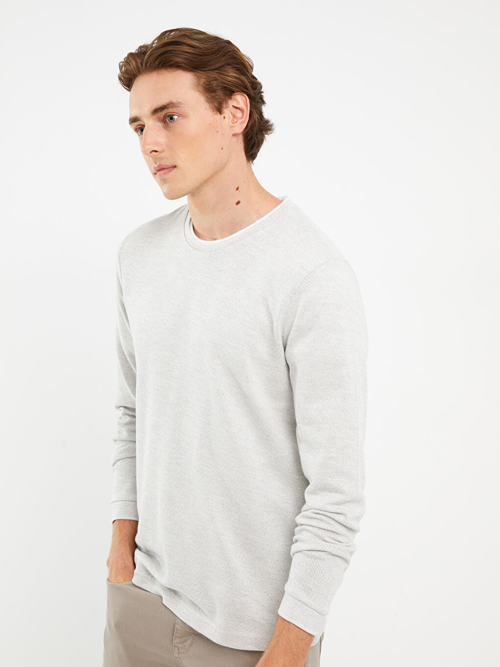 Gri Bisiklet Yaka Uzun Kollu Erkek Sweatshirt