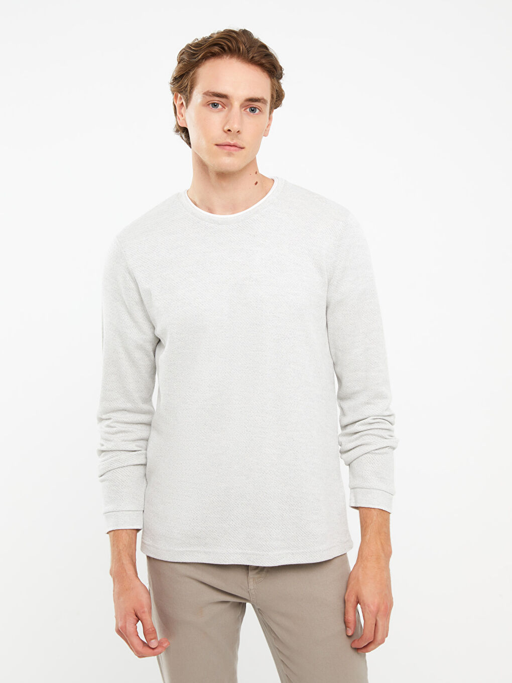 Gri Bisiklet Yaka Uzun Kollu Erkek Sweatshirt-1