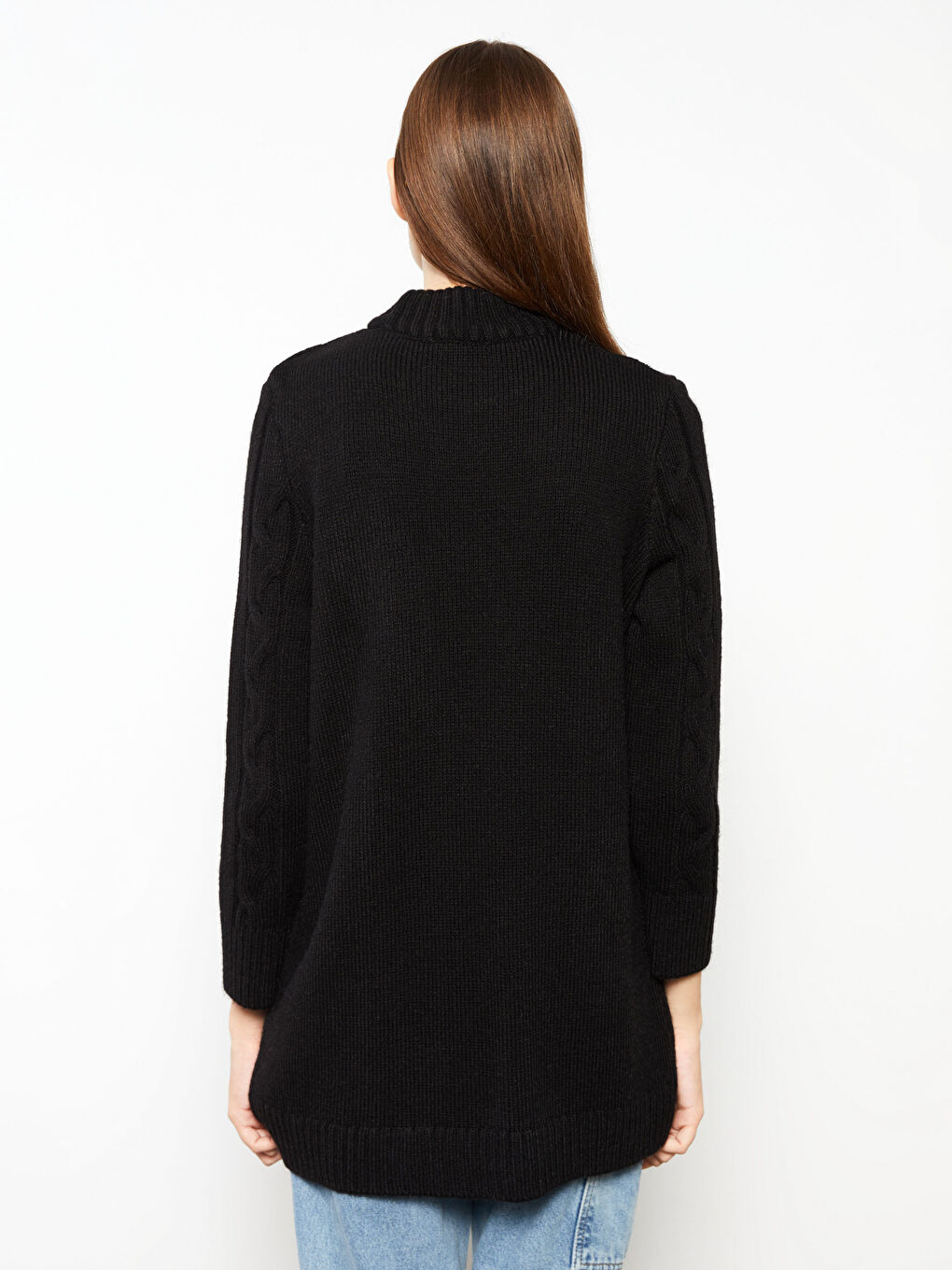 Siyah Yarım Balıkçı Yaka Kendinden Desenli Uzun Kollu Kadın Triko Tunik-4