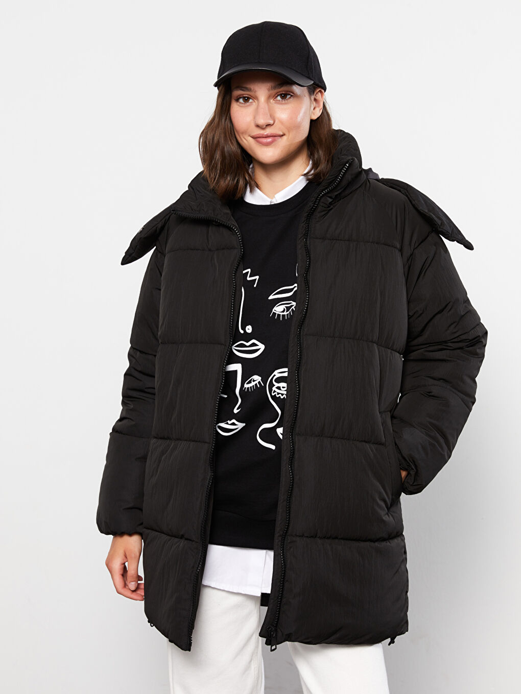 Women's Hooded Plain Puffer Coat-1