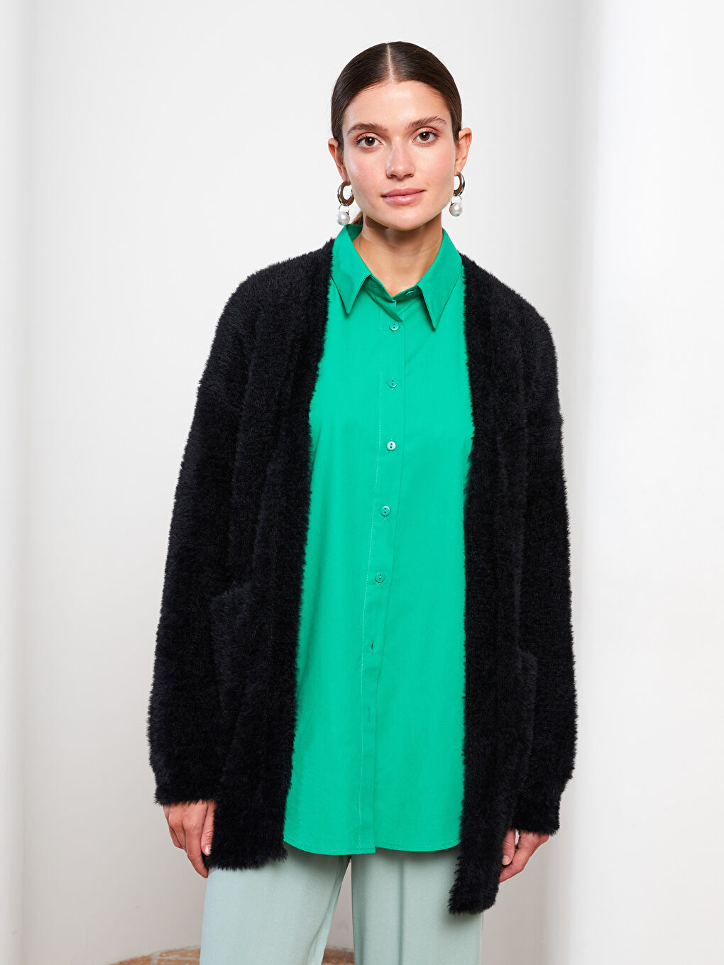 Әйелдерге арналған шаль жаға өрнексіз ұзын жең кардиган