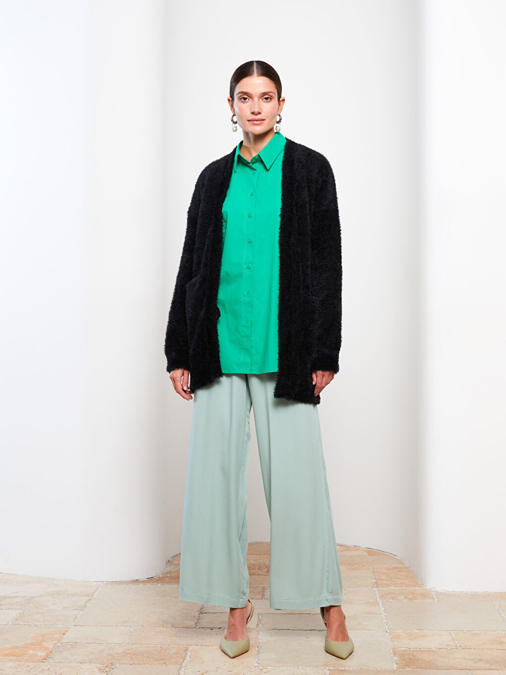 Әйелдерге арналған шаль жаға өрнексіз ұзын жең кардиган-1