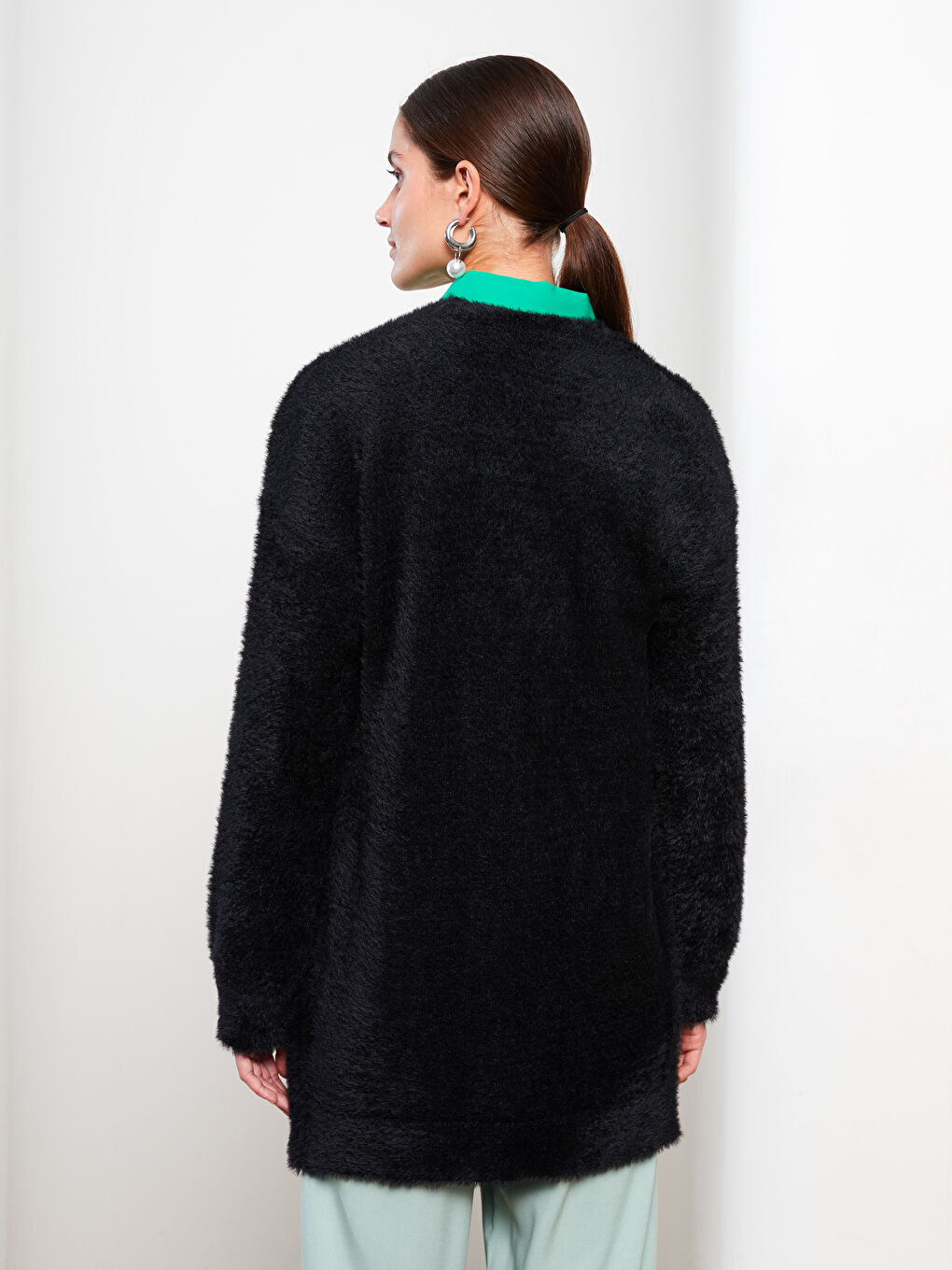 Әйелдерге арналған шаль жаға өрнексіз ұзын жең кардиган-3