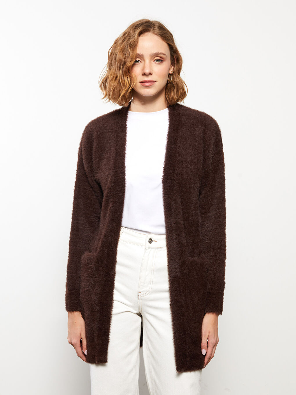 Kahverengi Şal Yaka Düz Uzun Kollu Kadın Hırka-2