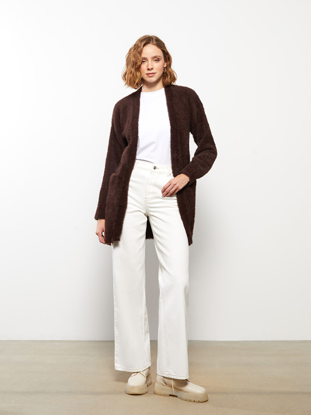 Kahverengi Şal Yaka Düz Uzun Kollu Kadın Hırka-4