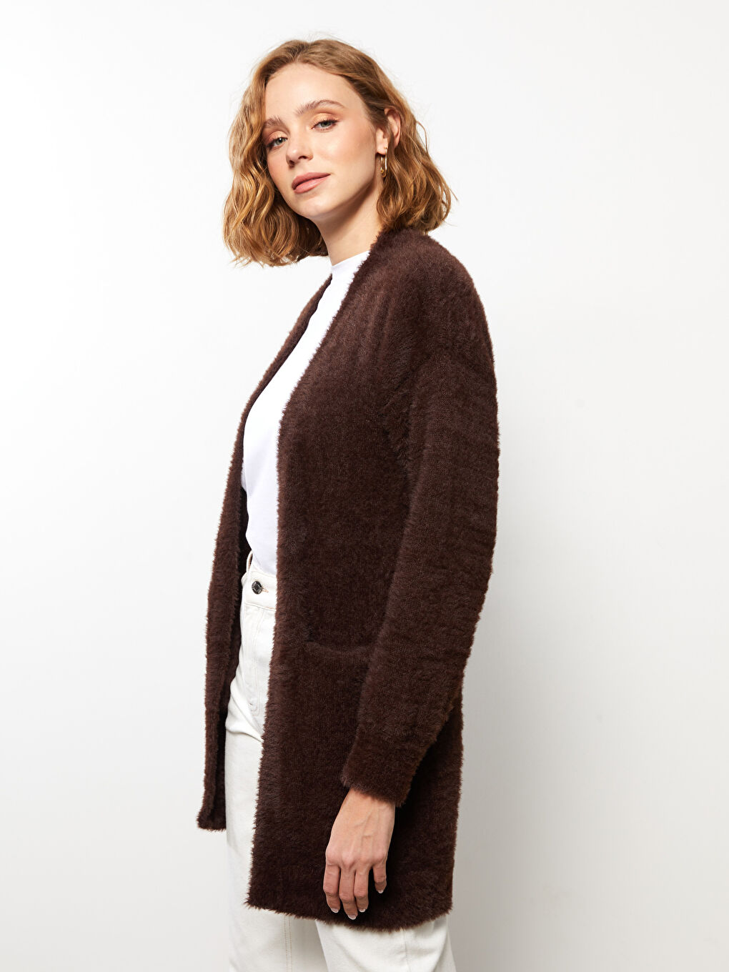 Kahverengi Şal Yaka Düz Uzun Kollu Kadın Hırka-6