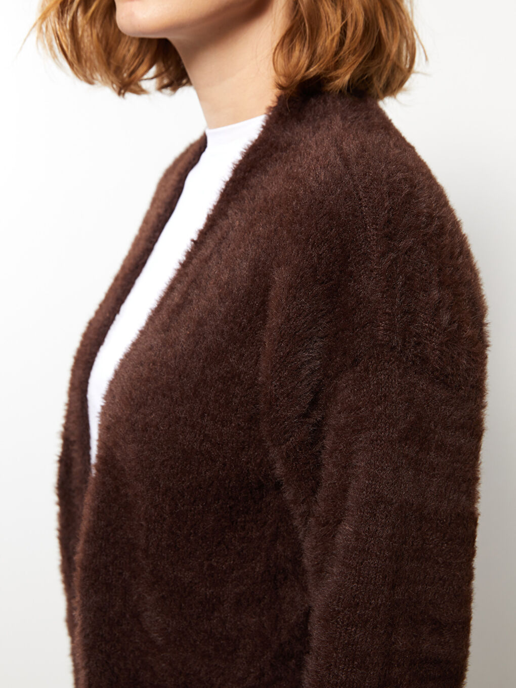 Kahverengi Şal Yaka Düz Uzun Kollu Kadın Hırka-8