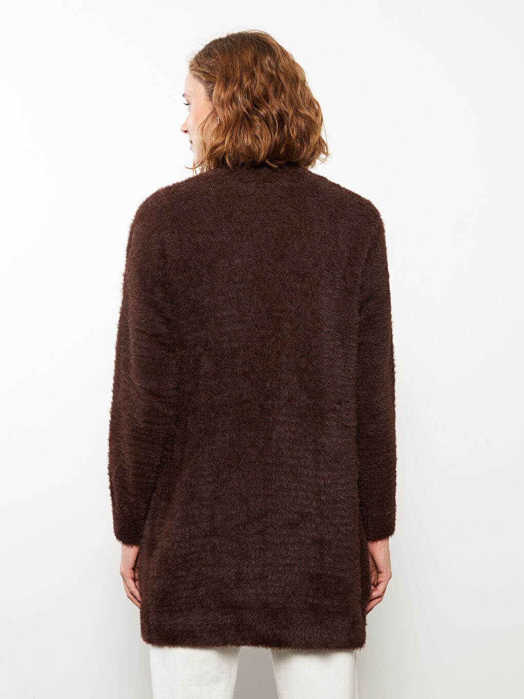 Kahverengi Şal Yaka Düz Uzun Kollu Kadın Hırka-10