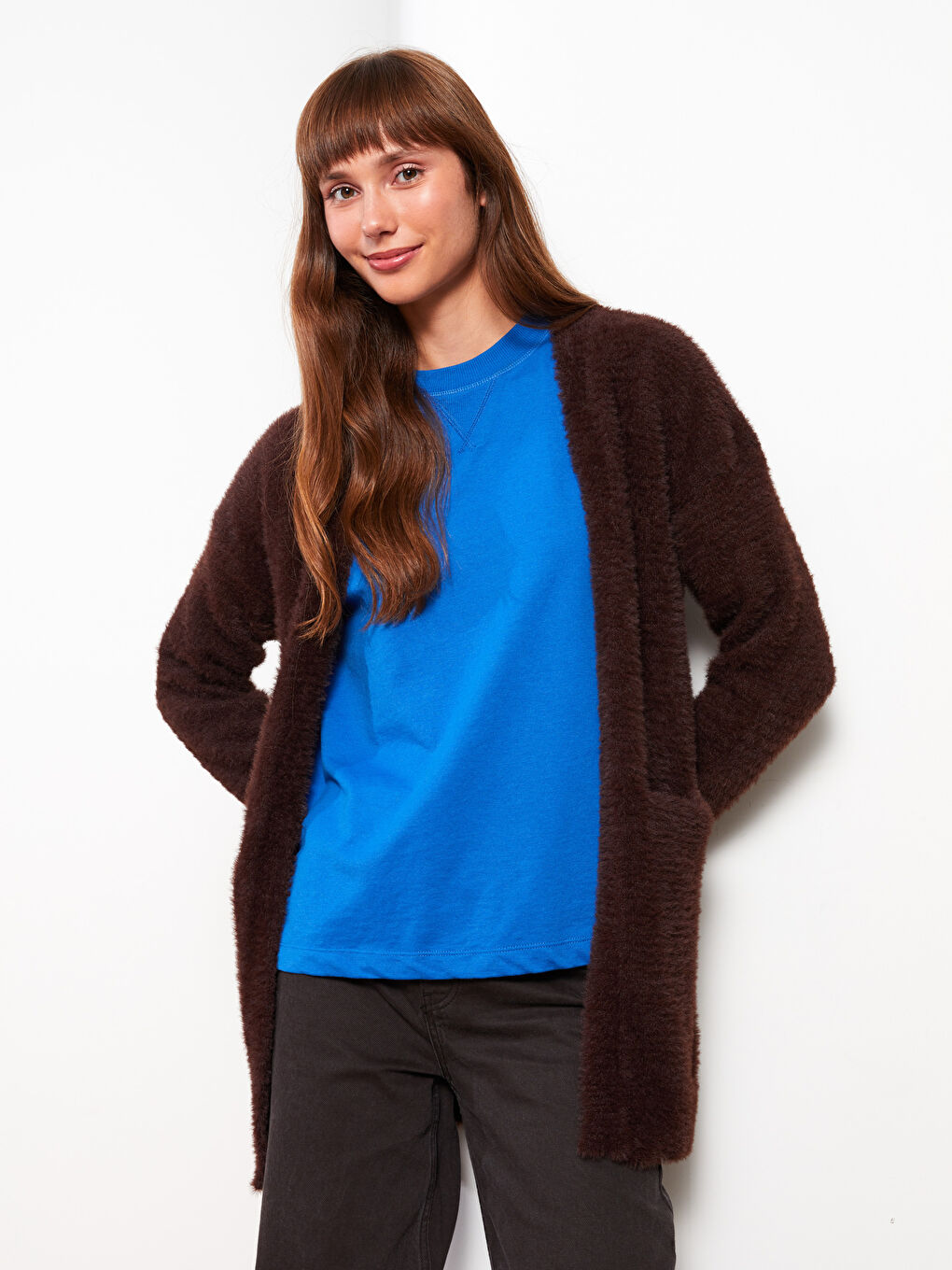 Kahverengi Şal Yaka Düz Uzun Kollu Kadın Hırka-1