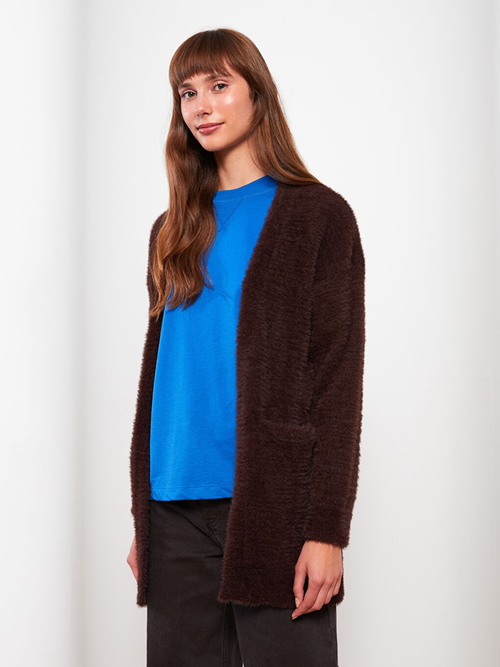 Kahverengi Şal Yaka Düz Uzun Kollu Kadın Hırka-3