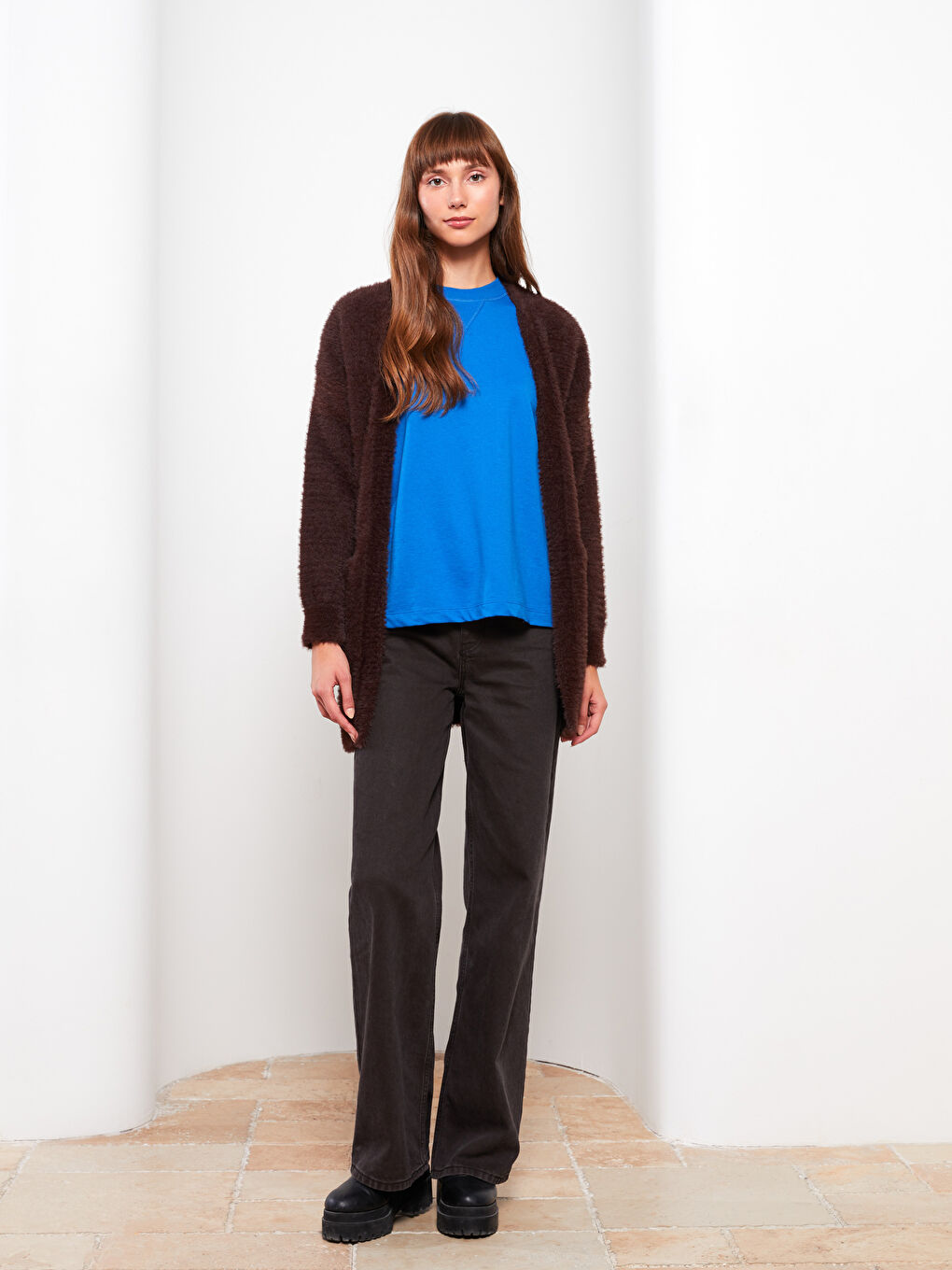 Kahverengi Şal Yaka Düz Uzun Kollu Kadın Hırka-5