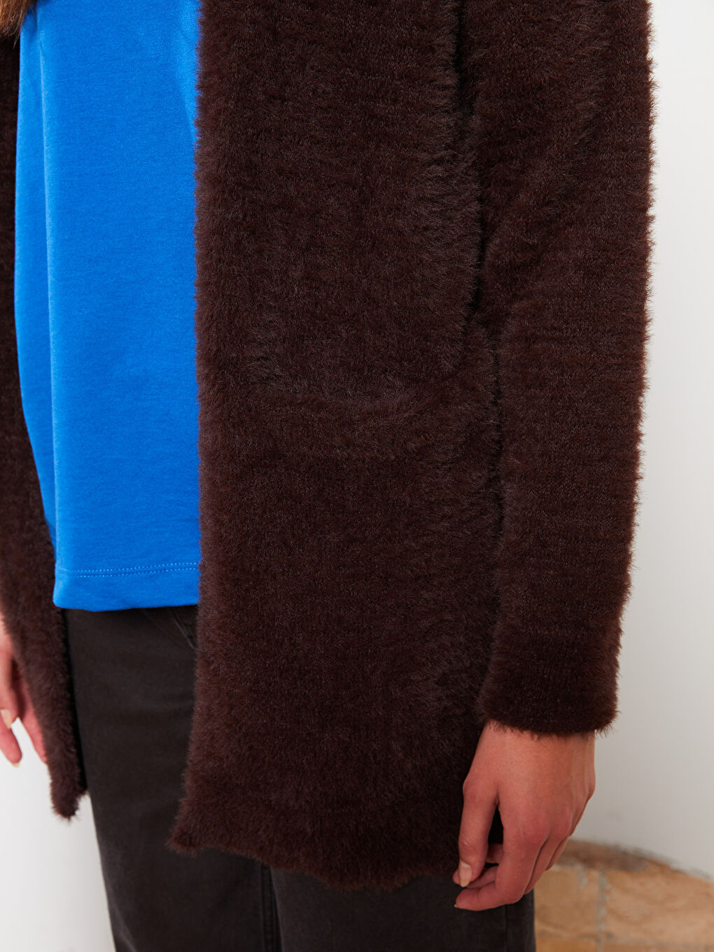 Kahverengi Şal Yaka Düz Uzun Kollu Kadın Hırka-7