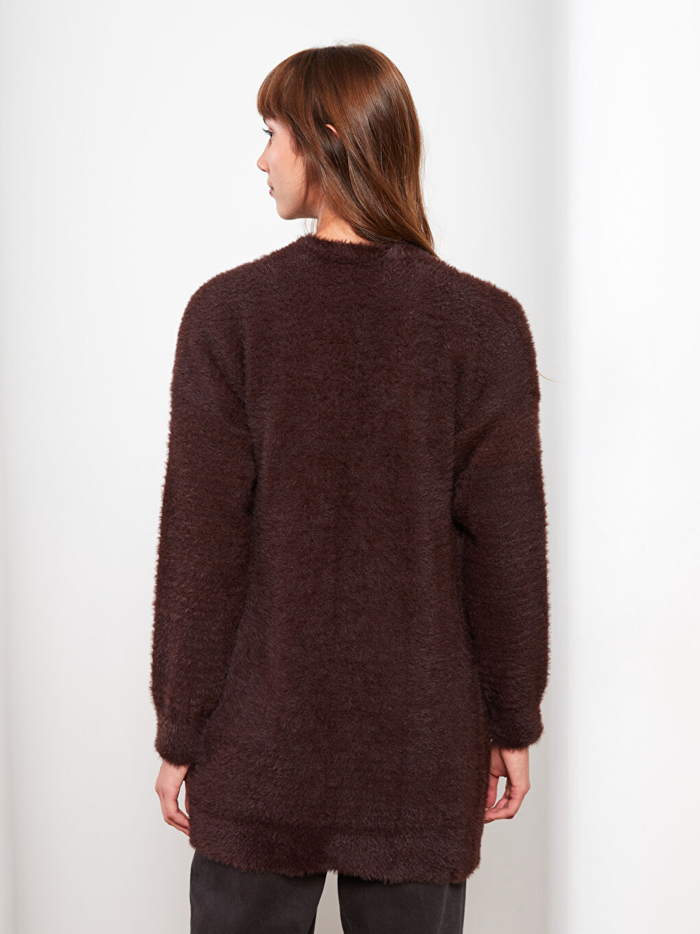 Kahverengi Şal Yaka Düz Uzun Kollu Kadın Hırka-9