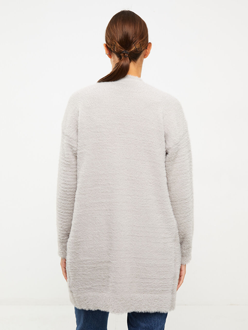 Gri Şal Yaka Düz Uzun Kollu Kadın Hırka-3