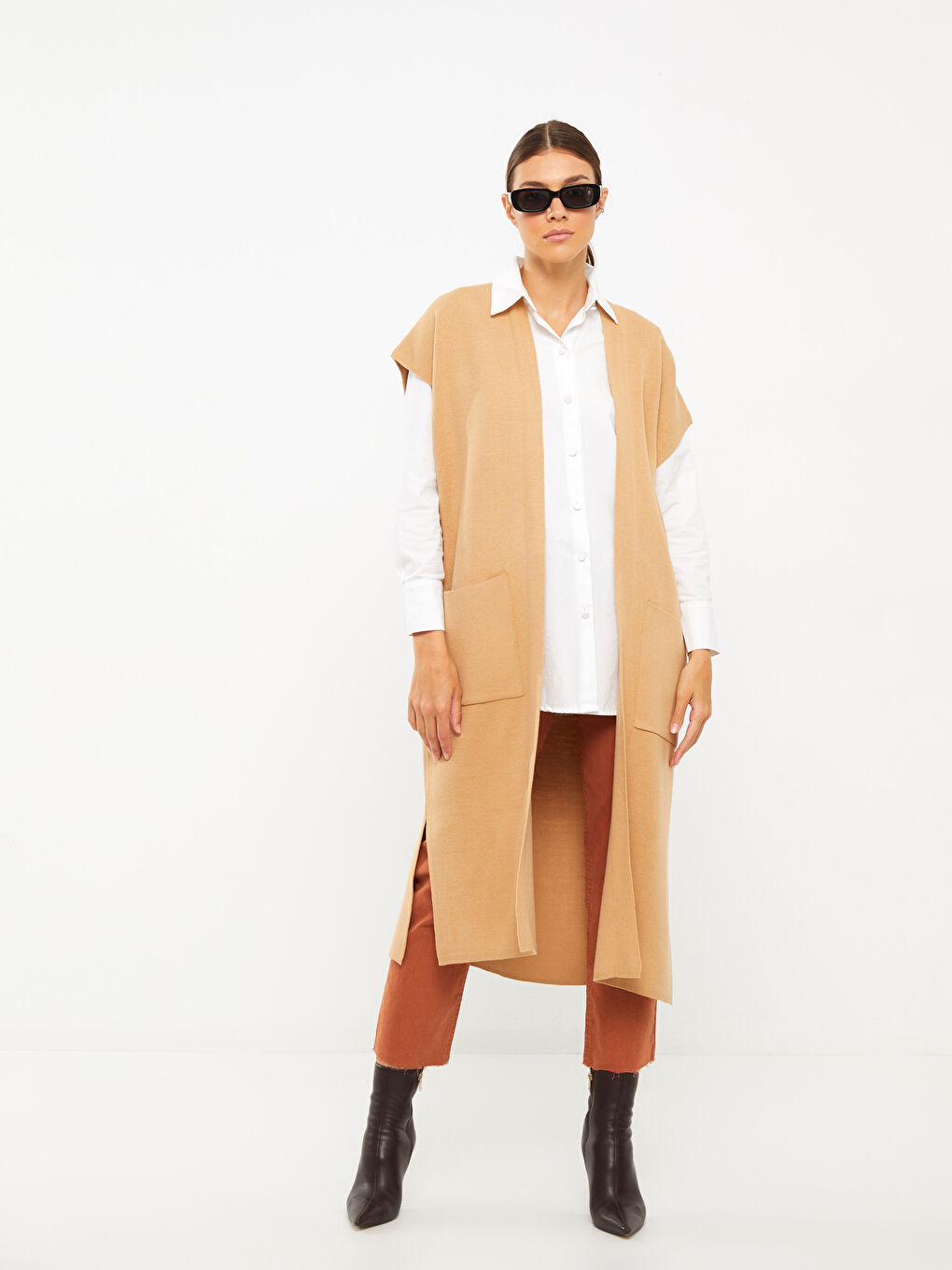 Kahverengi Kadın Şal Yaka Düz Triko Yelek