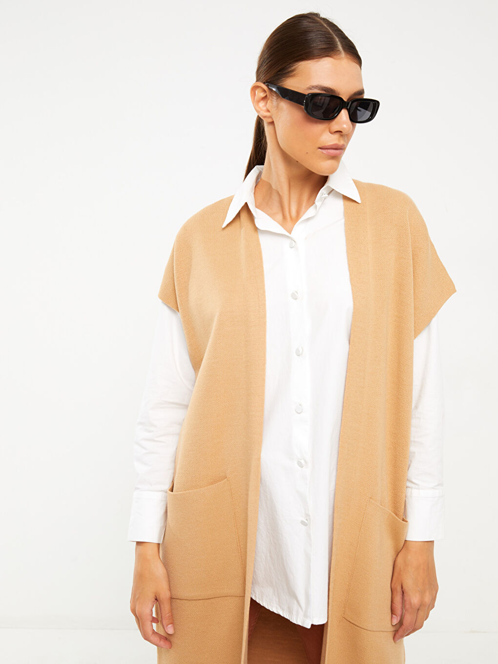 Kahverengi Kadın Şal Yaka Düz Triko Yelek-1