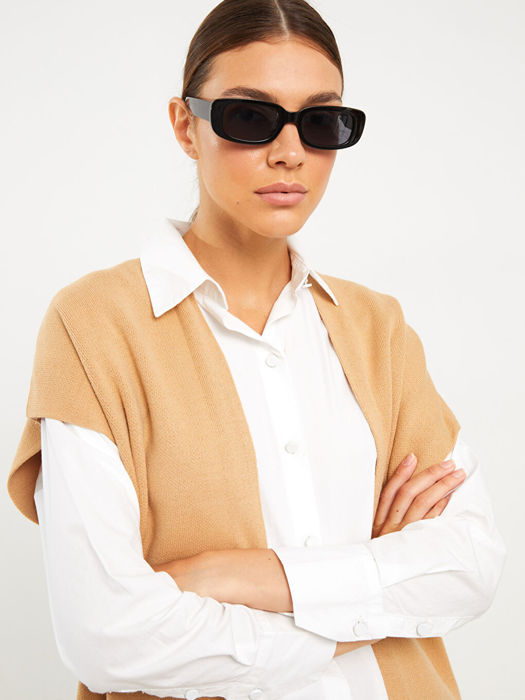 Kahverengi Kadın Şal Yaka Düz Triko Yelek-2