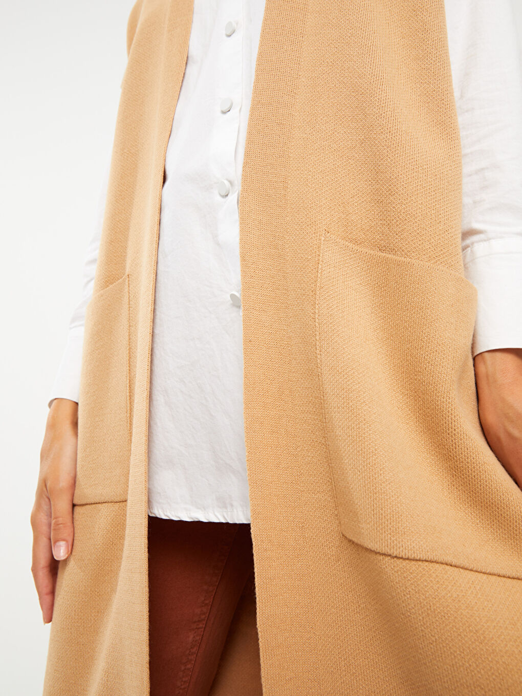 Kahverengi Kadın Şal Yaka Düz Triko Yelek-3