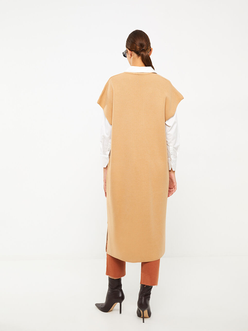 Kahverengi Kadın Şal Yaka Düz Triko Yelek-4