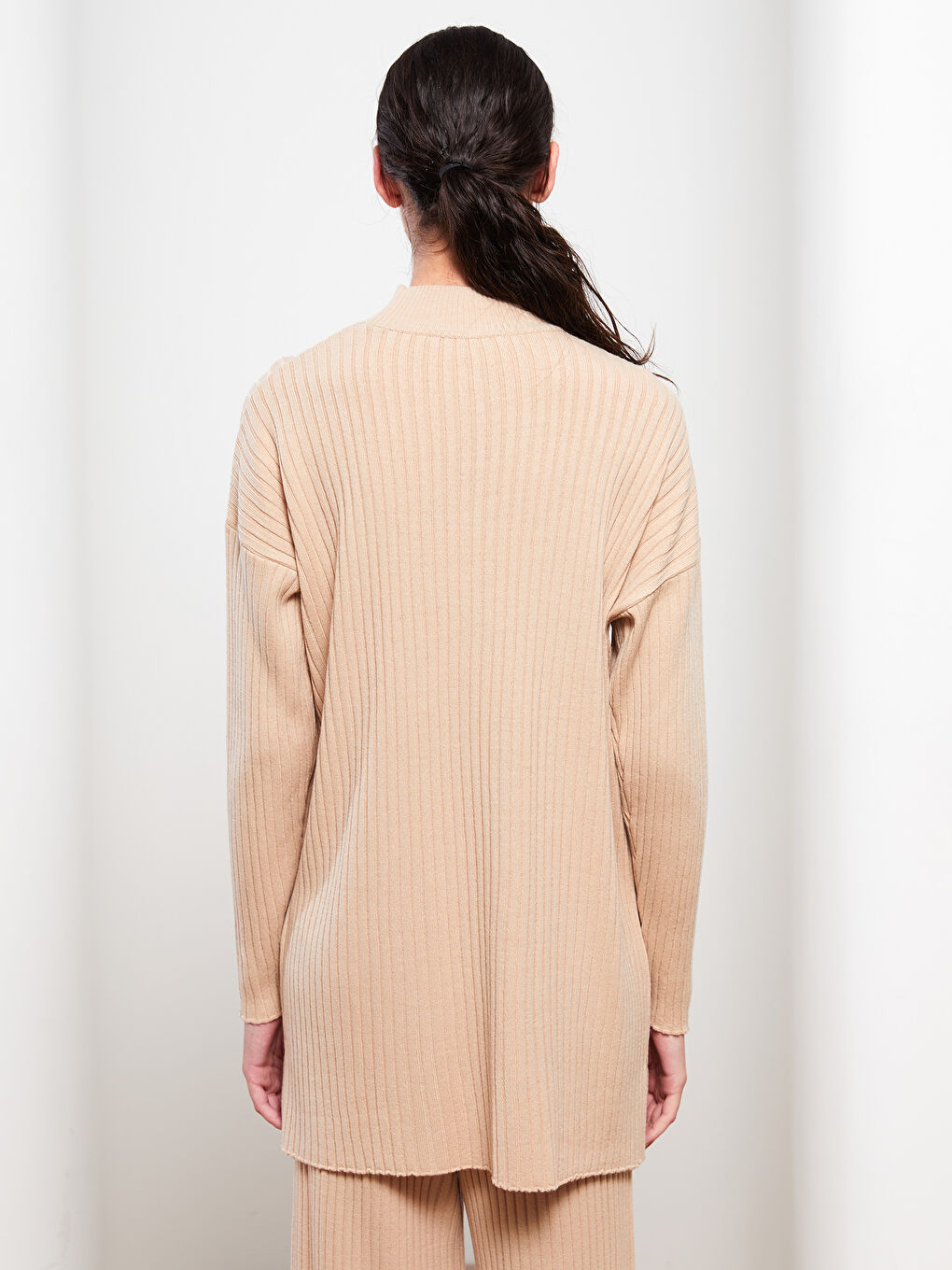 Bej Yarım Balıkçı Yaka Oversize Kadın Triko Tunik-4