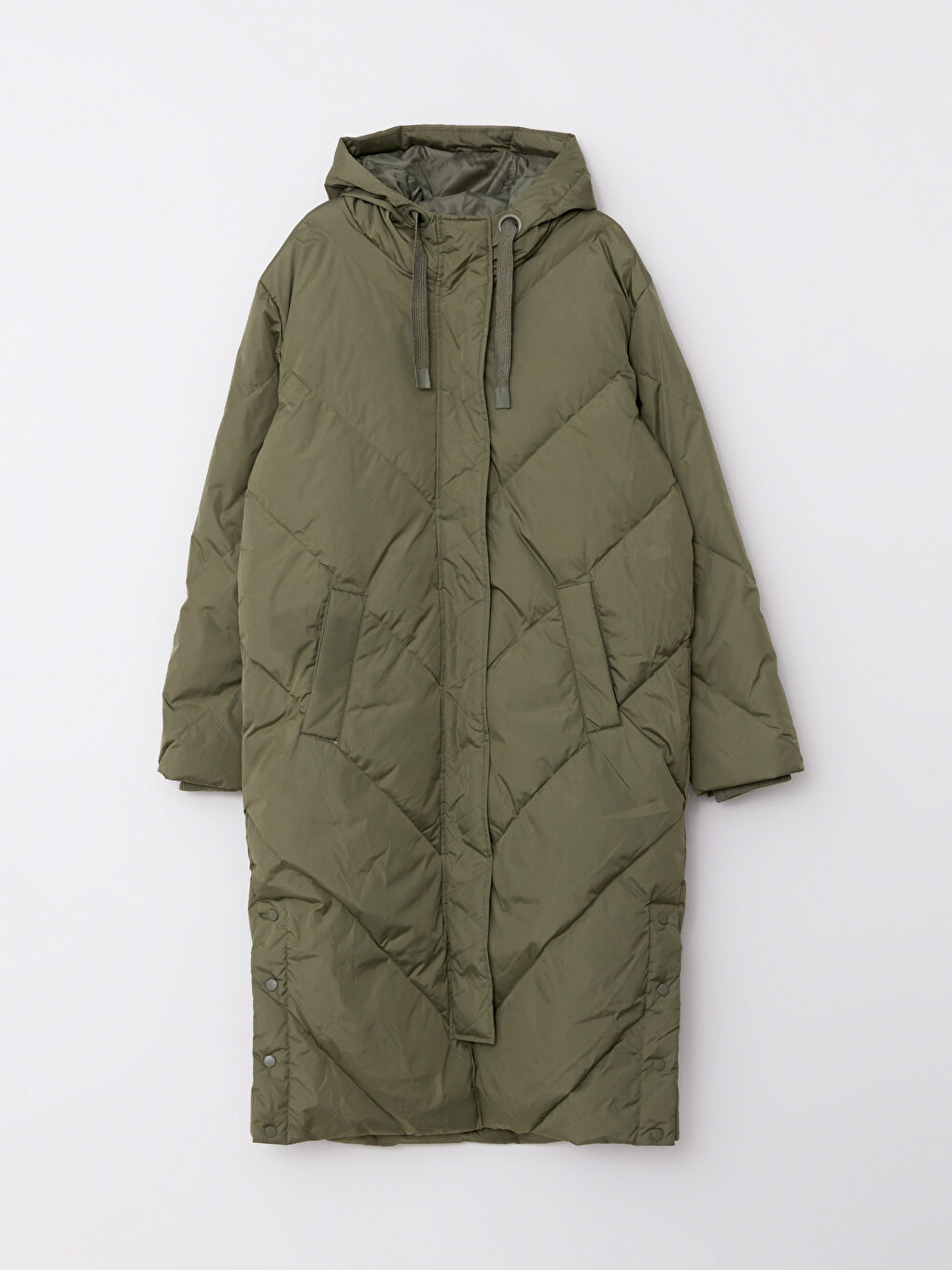 Әйелдерге арналған капюшонды өрнексіз пуховик пальто-6