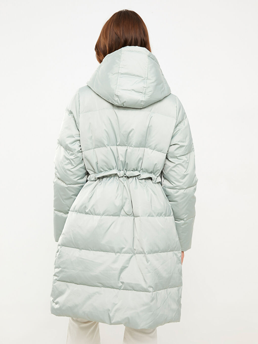 Әйелдерге арналған капюшонды өрнексіз пуховик пальто-5