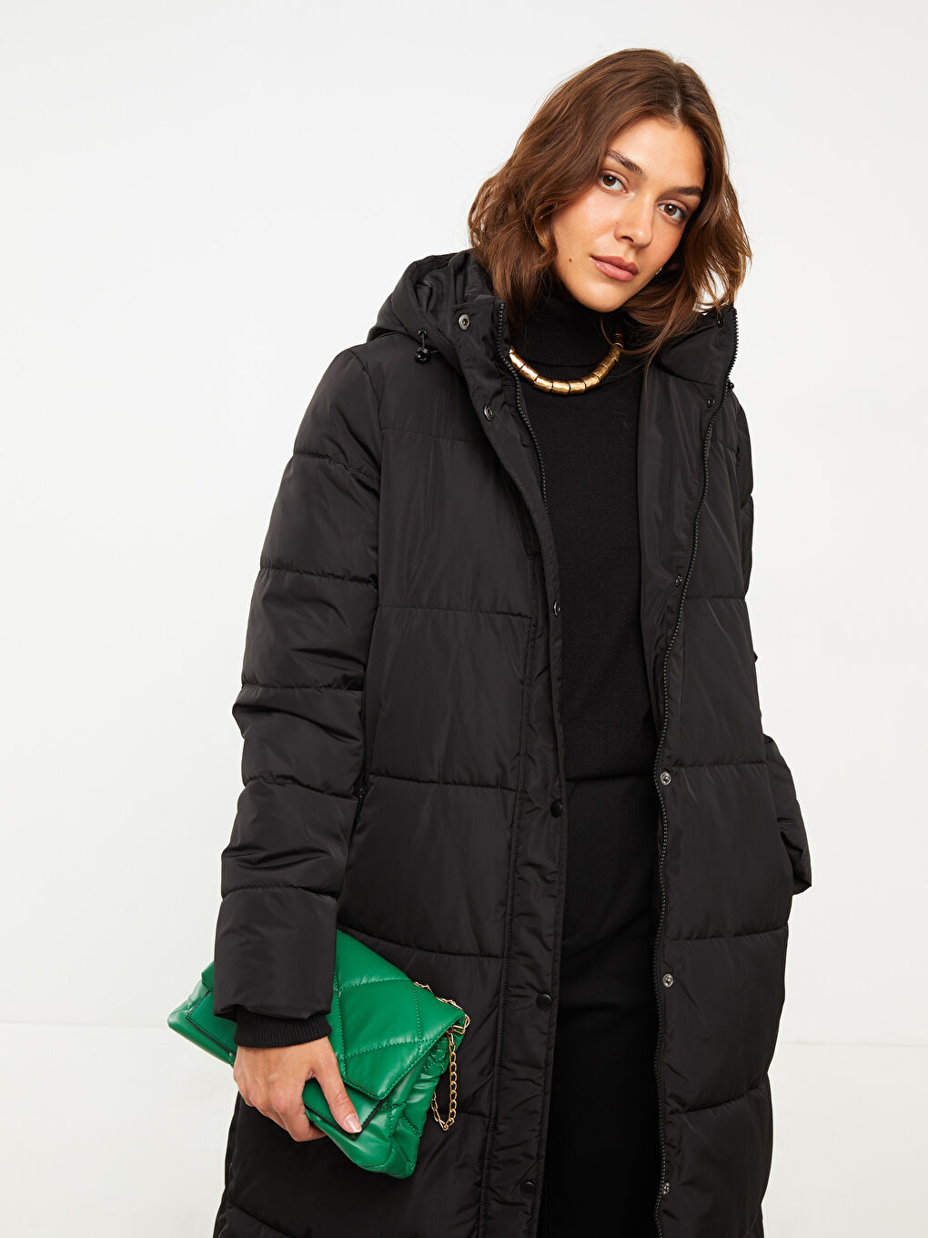 Women's Hooded Plain Puffer Coat-2