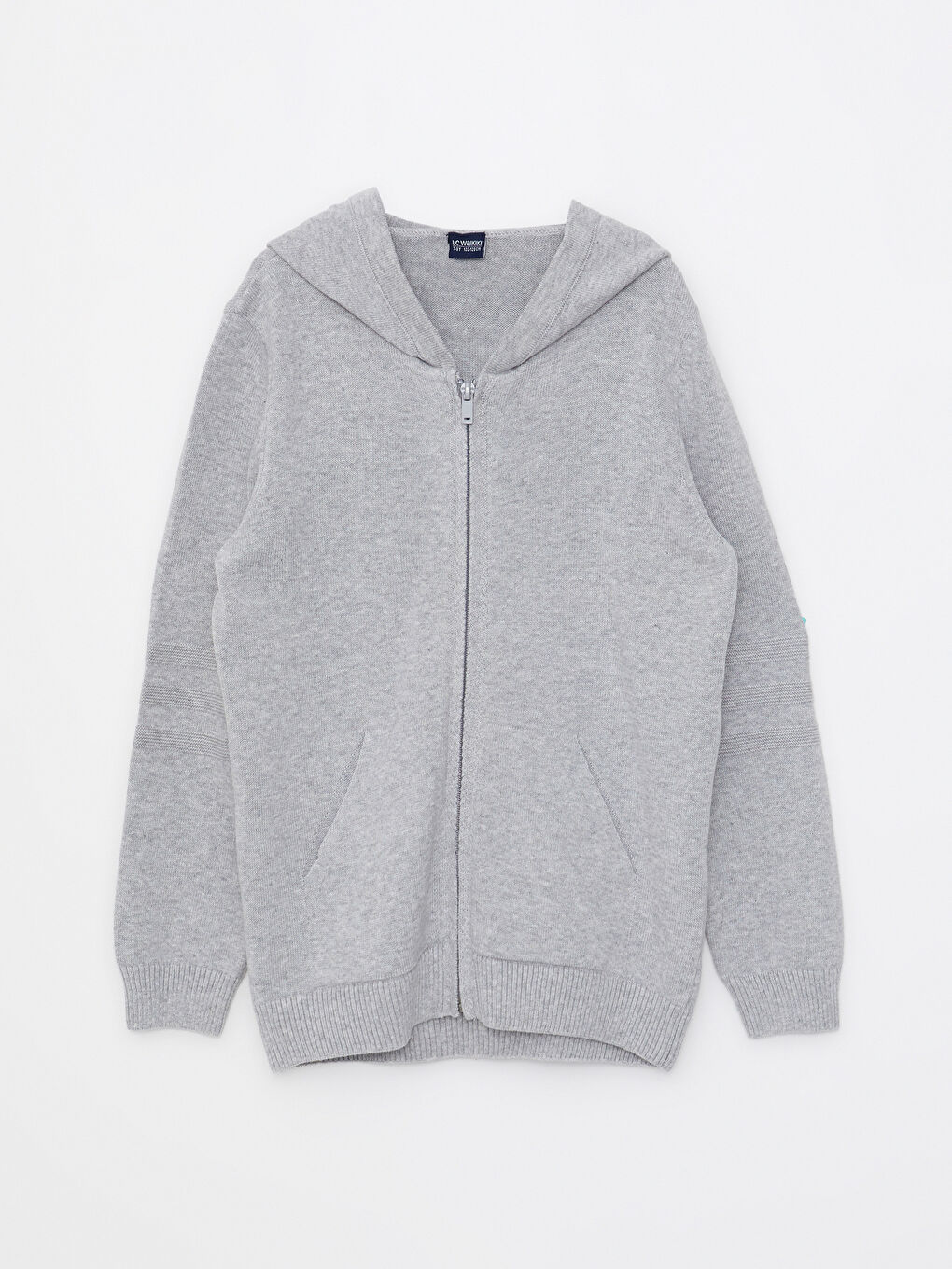 Gri Kapüşonlu Basic Uzun Kollu Erkek Çocuk Fermuarlı Triko Hırka