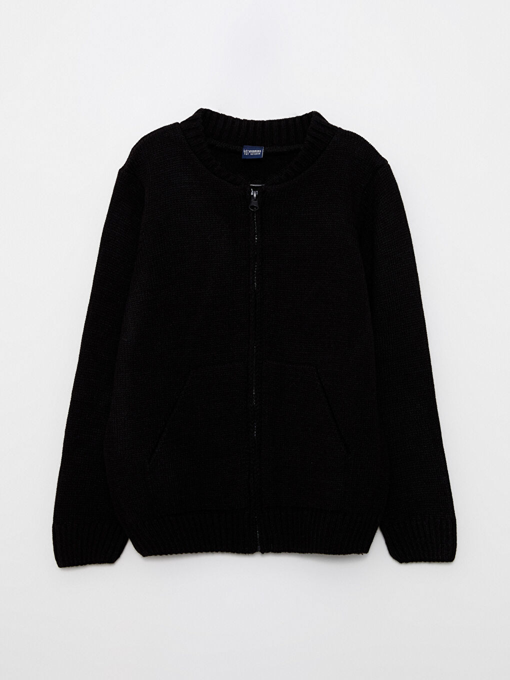 Siyah Bomber Yaka Basic Uzun Kollu Erkek Çocuk Fermuarlı Triko Hırka