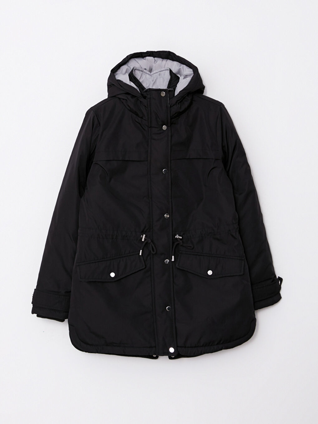 Siyah Kapüşonlu Yaka Düz Uzun Kollu Kadın Parka-6