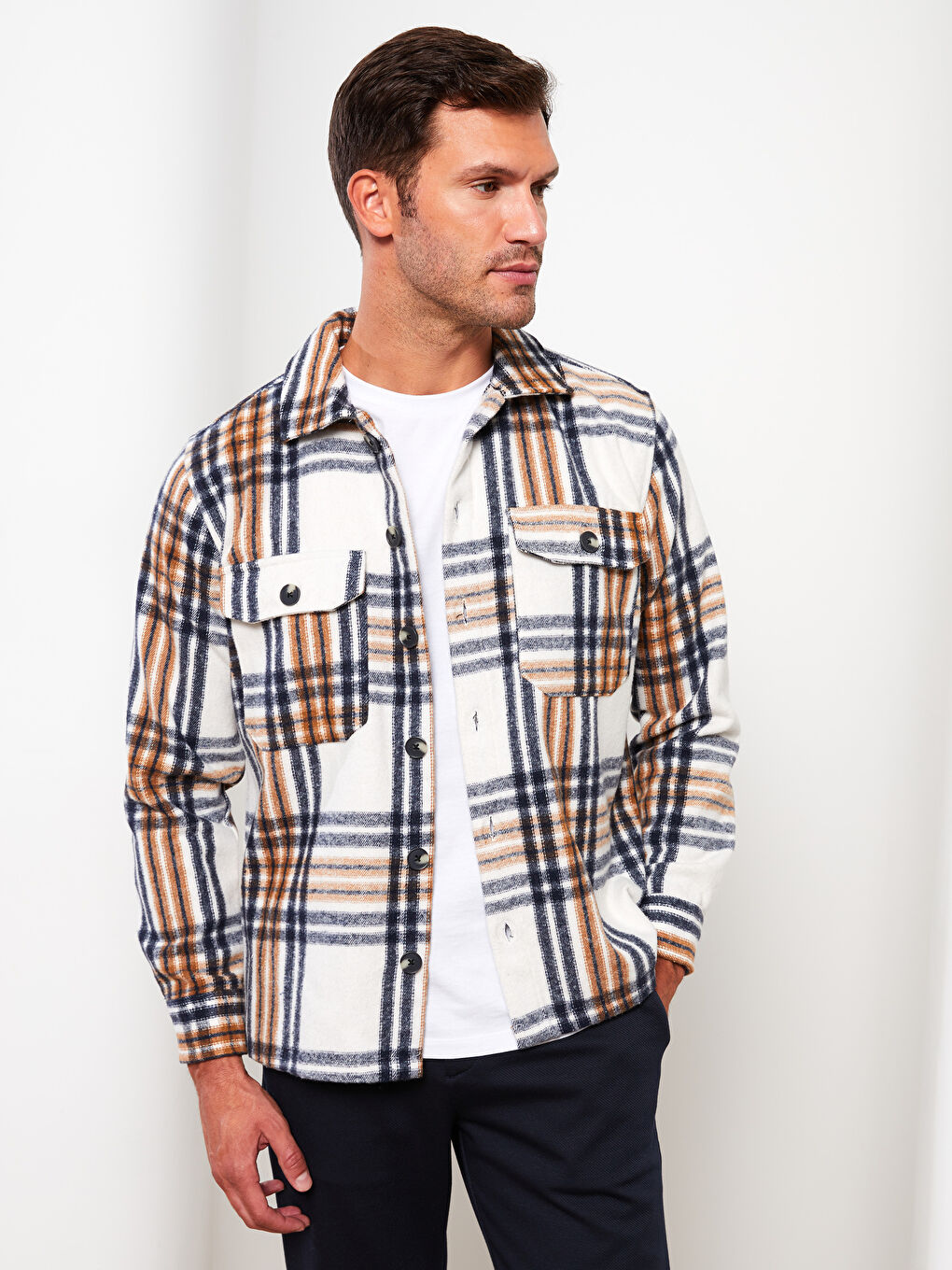 Ekru Rahat Kalıp Uzun Kollu Ekose Erkek Oduncu Gömlek Ceket