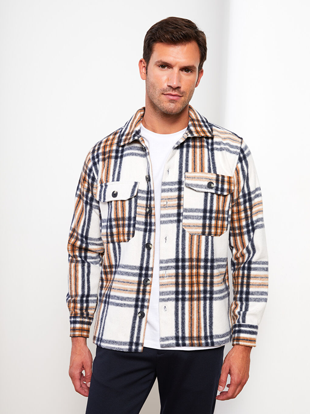 Ekru Rahat Kalıp Uzun Kollu Ekose Erkek Oduncu Gömlek Ceket-1