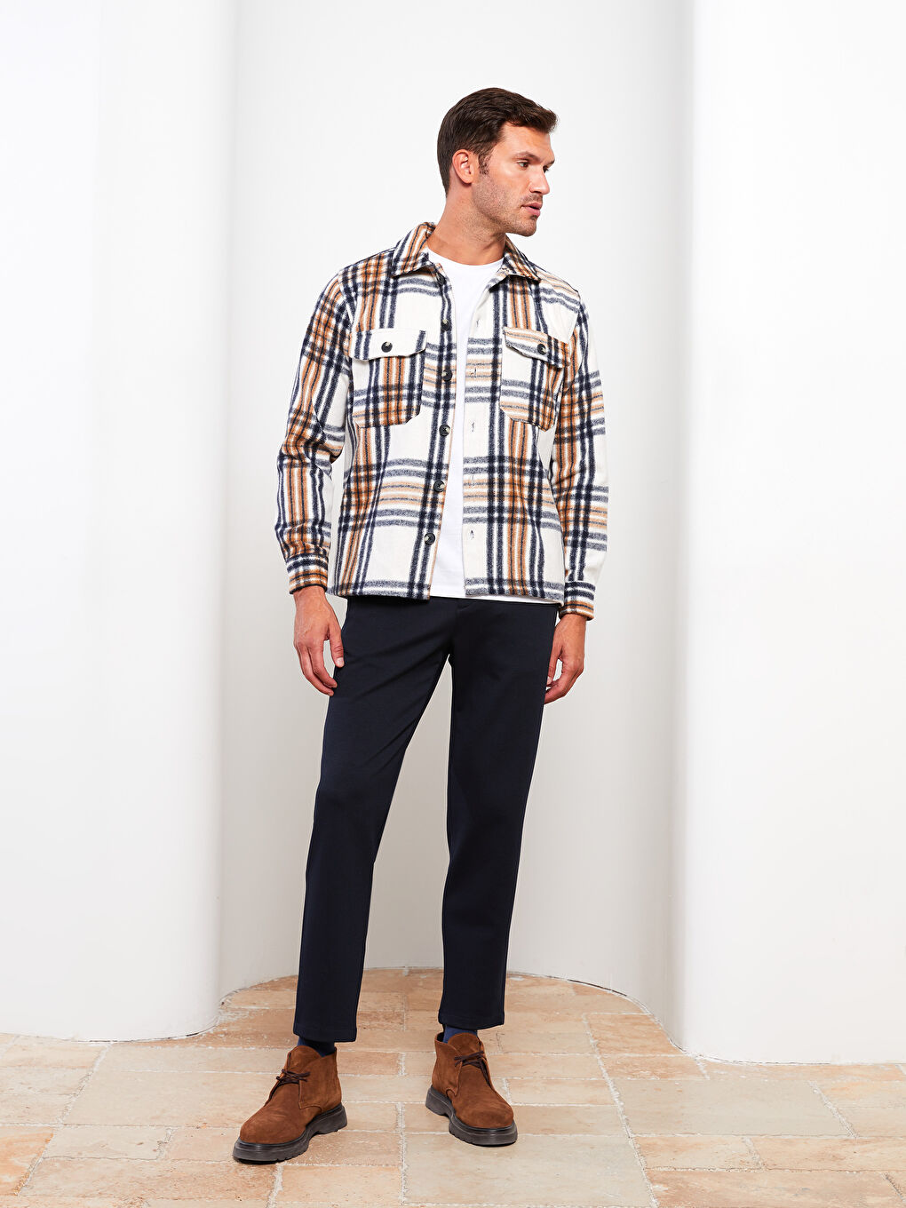 Ekru Rahat Kalıp Uzun Kollu Ekose Erkek Oduncu Gömlek Ceket-2