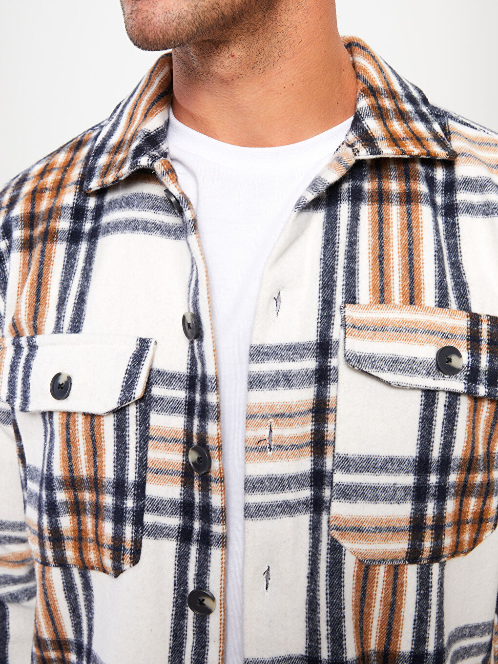 Ekru Rahat Kalıp Uzun Kollu Ekose Erkek Oduncu Gömlek Ceket-3