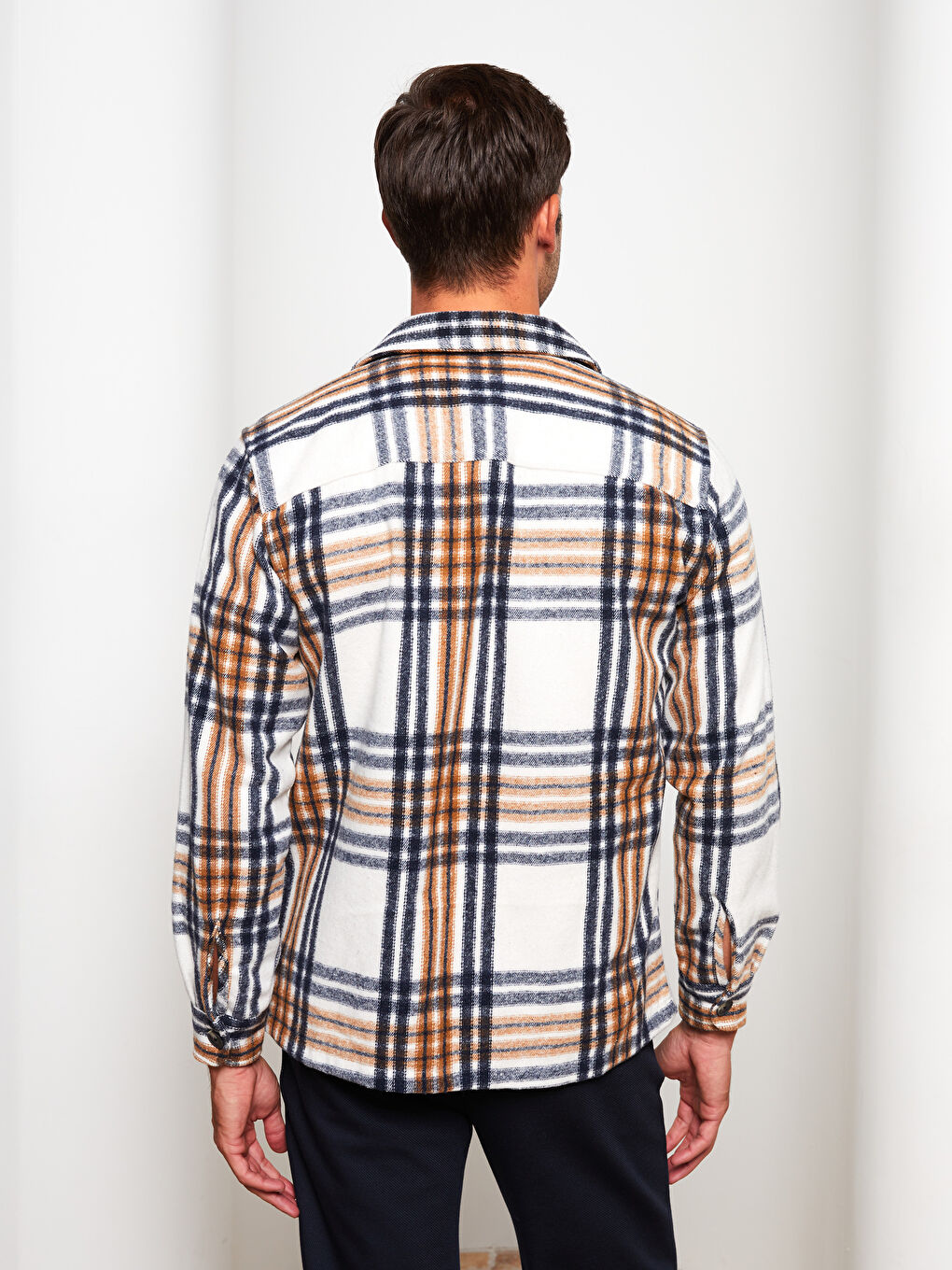 Ekru Rahat Kalıp Uzun Kollu Ekose Erkek Oduncu Gömlek Ceket-4