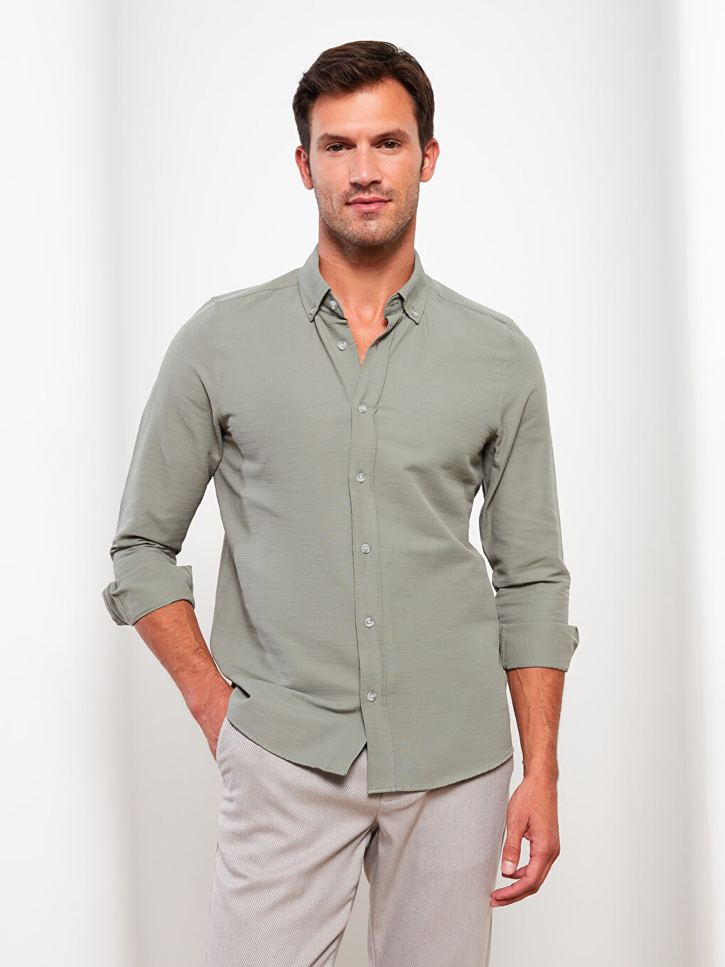 Yeşil Slim Fit Uzun Kollu Armürlü Erkek Gömlek-1