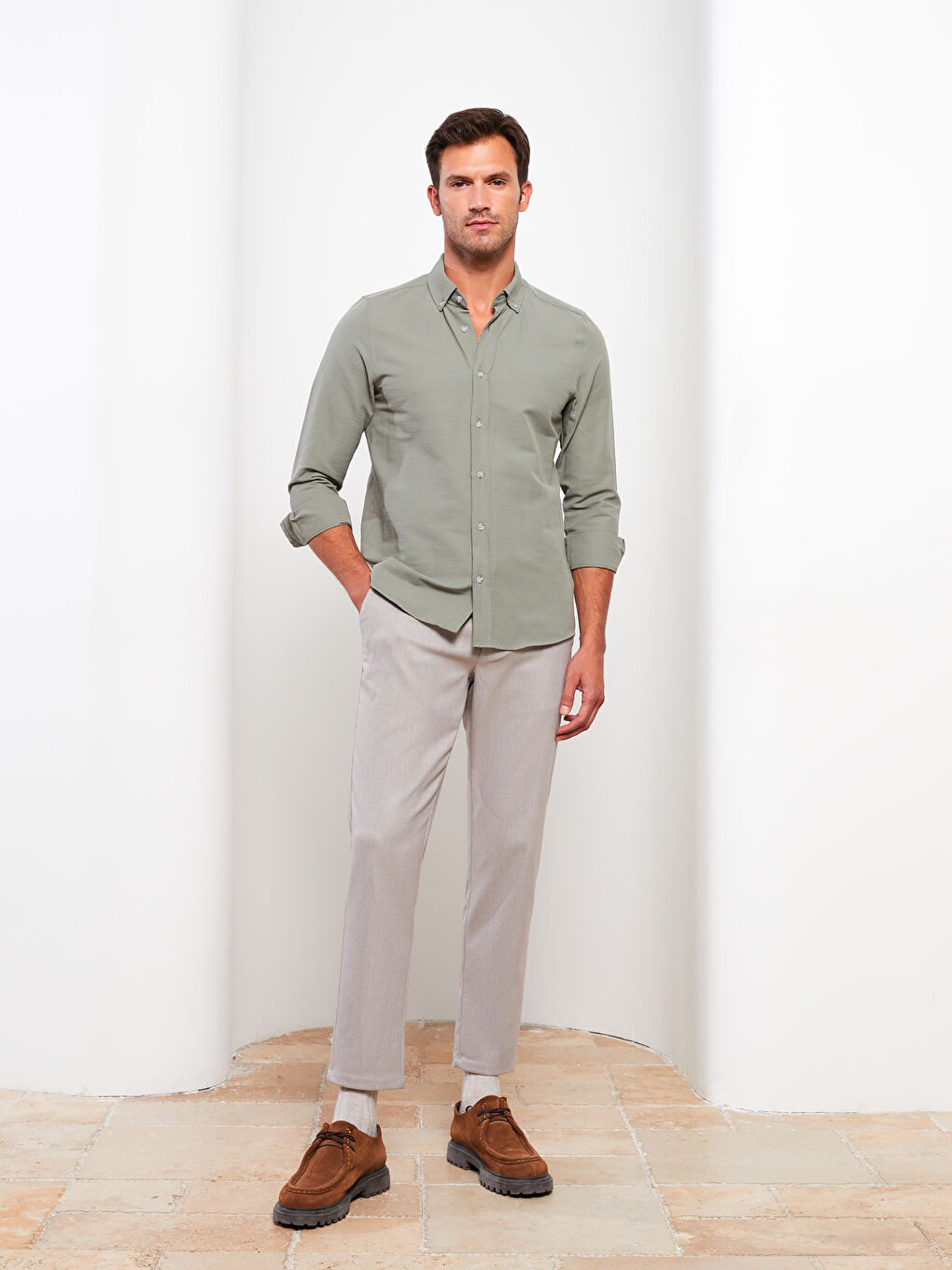 Yeşil Slim Fit Uzun Kollu Armürlü Erkek Gömlek-2