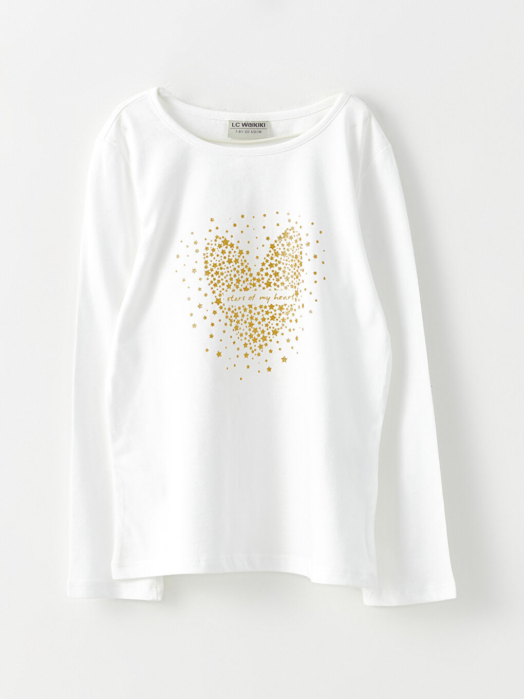 Ekru Bisiklet Yaka Baskılı Uzun Kollu Pamuklu Kız Çocuk Tişört