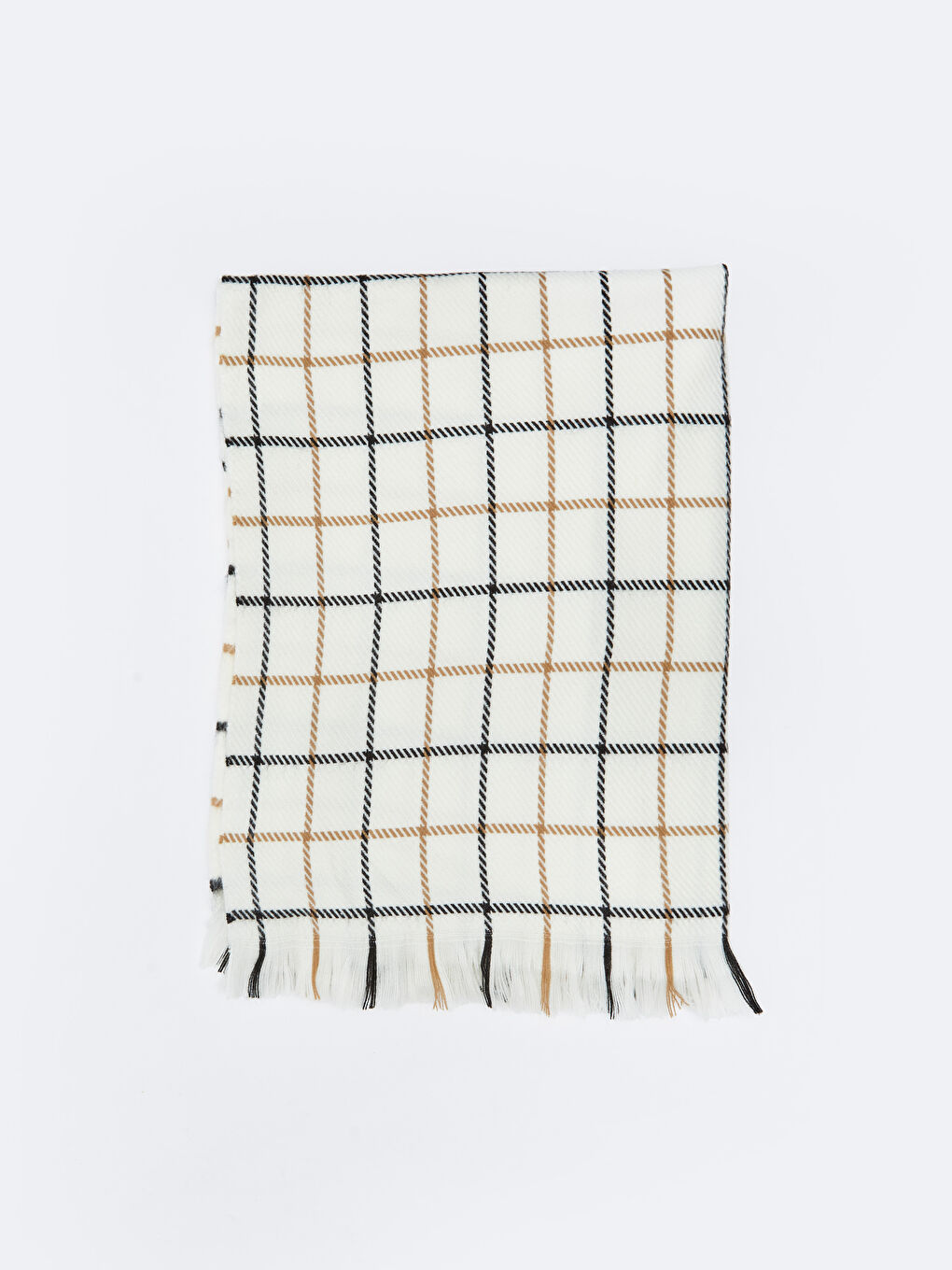 Ekru Saçaklı Ekose Desenli Kadın Atkı-3