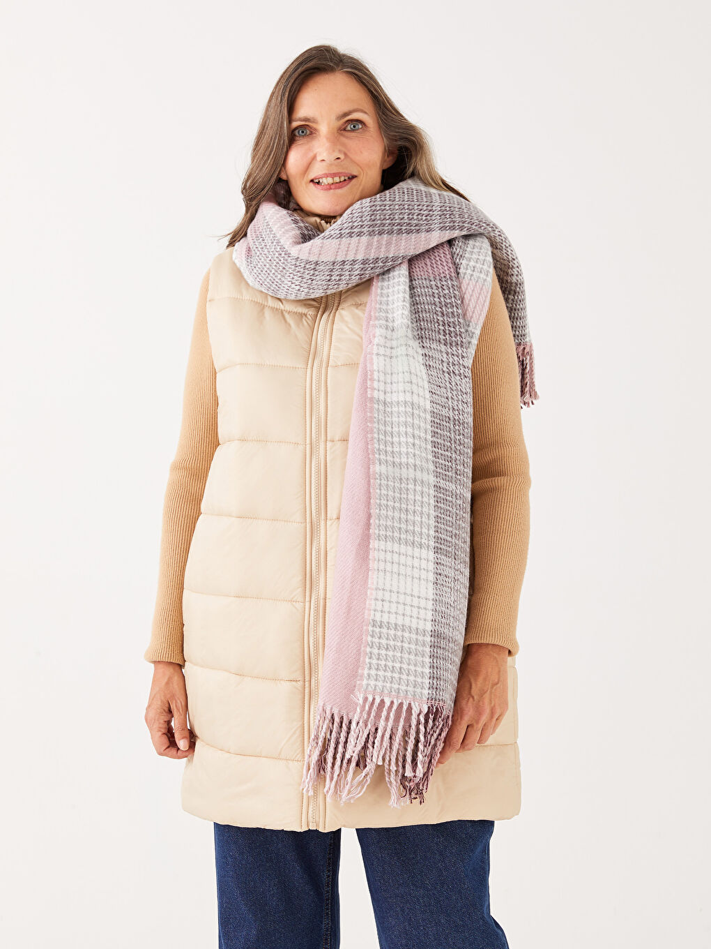 Lila Saçaklı Kazayağı Desenli Kadın Atkı-1