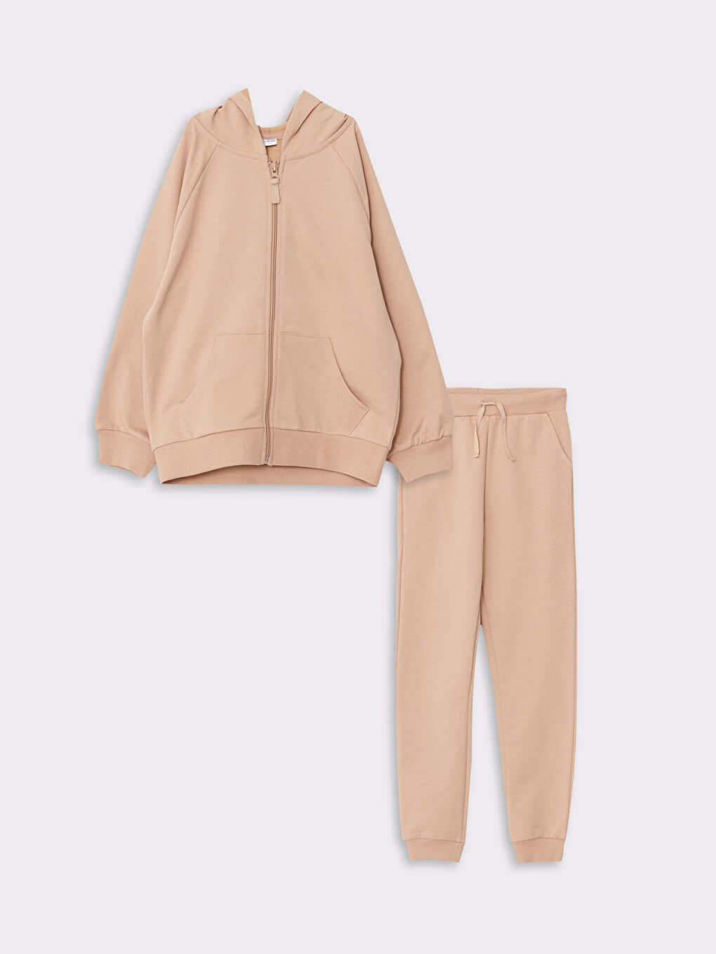 Bej Kapüşonlu Basic Uzun Kollu Kız Çocuk Fermuarlı Sweatshirt ve Eşofman Altı