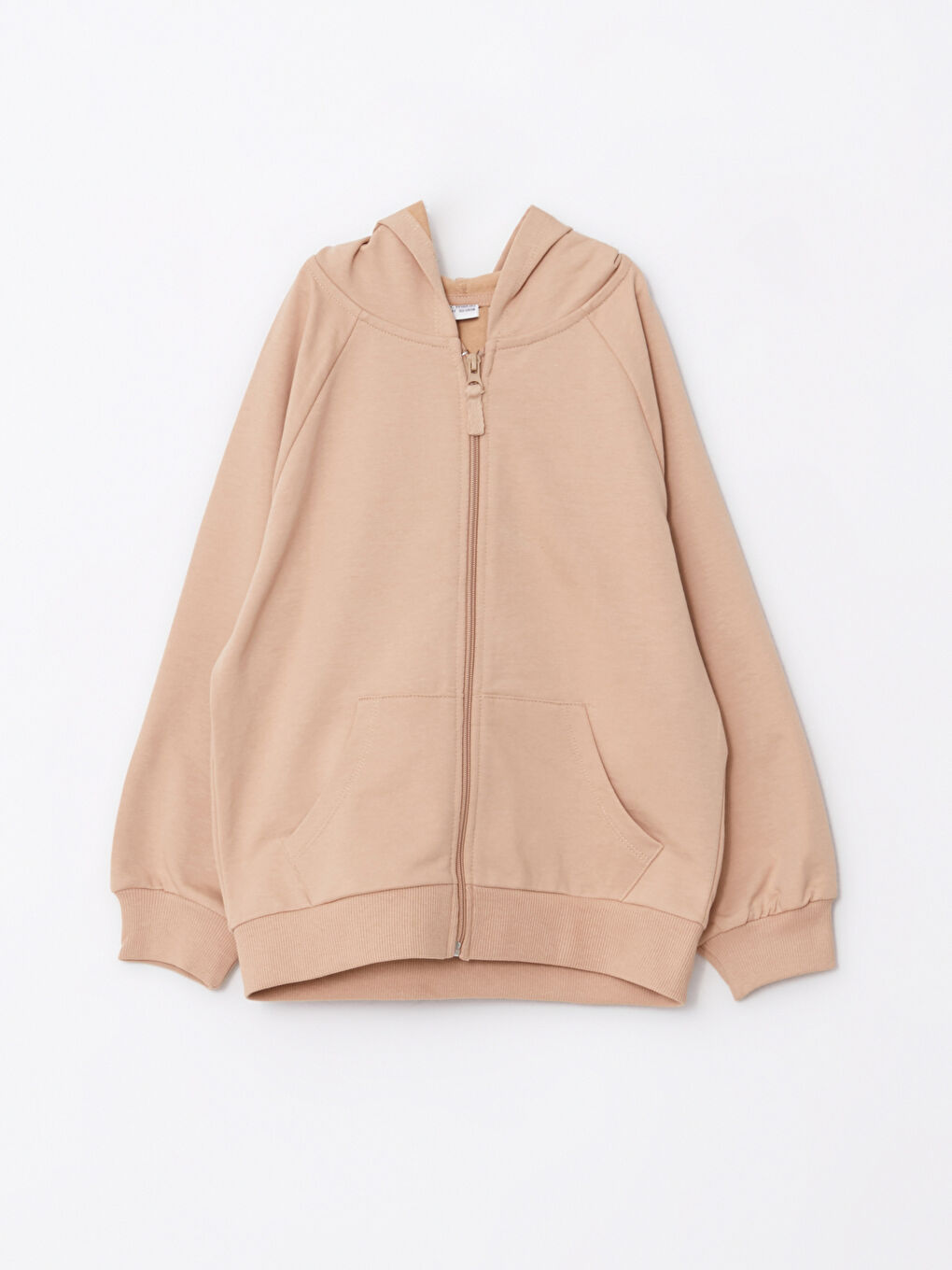 Bej Kapüşonlu Basic Uzun Kollu Kız Çocuk Fermuarlı Sweatshirt ve Eşofman Altı-1