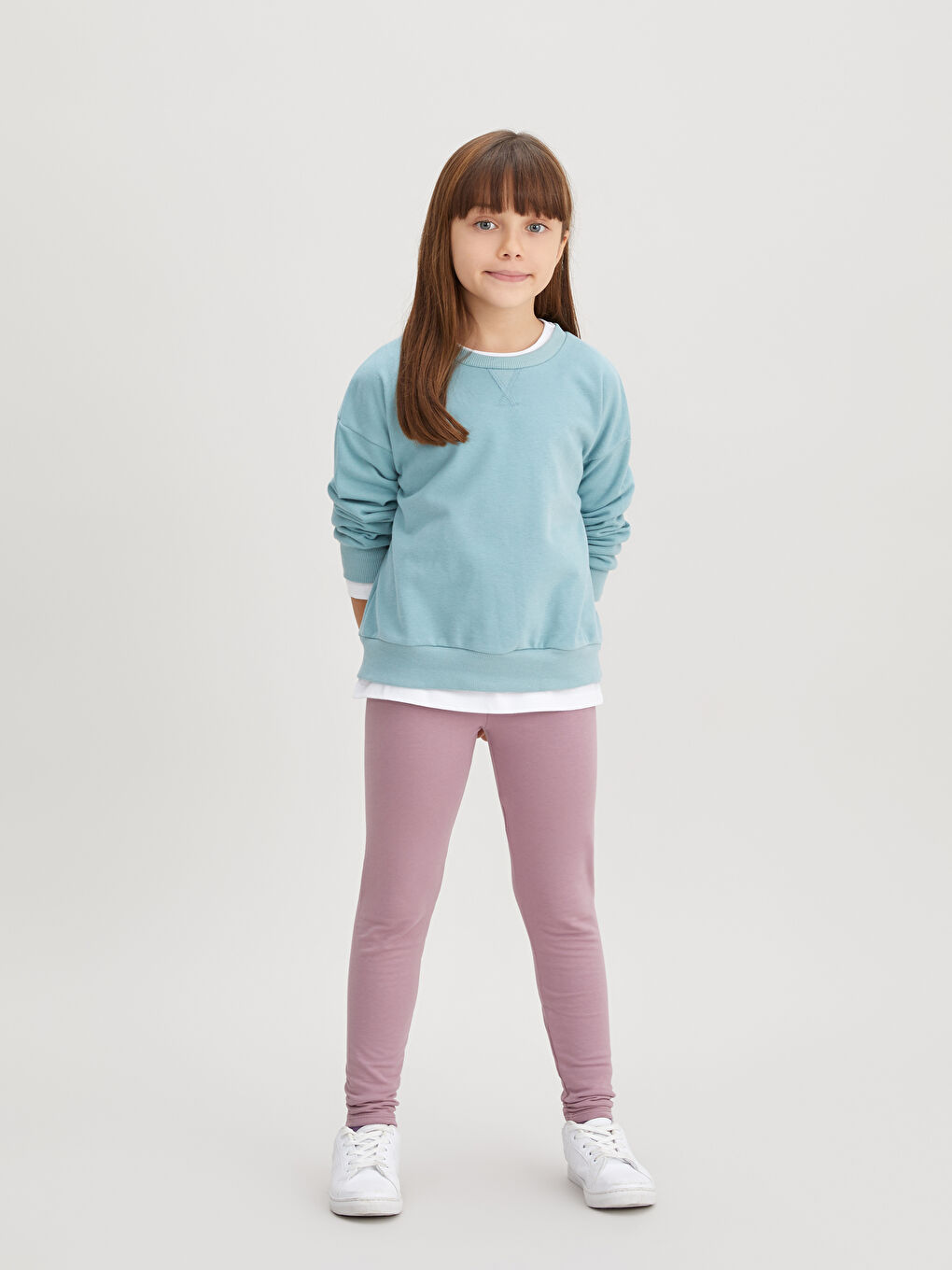 LCW Kids Mat Yeşil Bisiklet Yaka Basic Uzun Kollu Kız Çocuk Sweatshirt