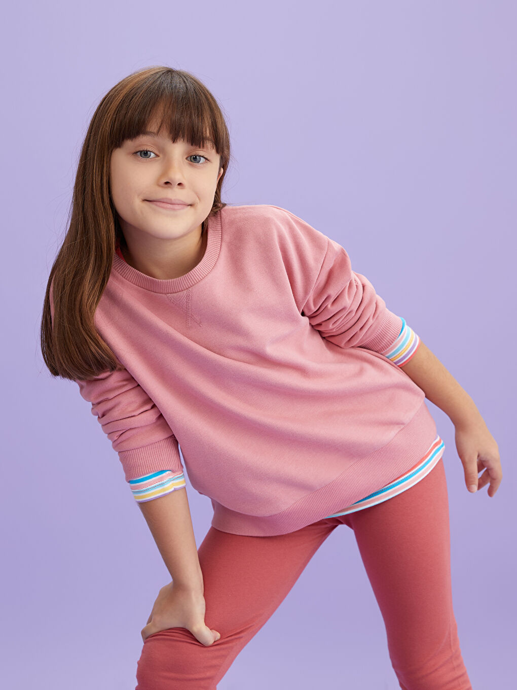 LCW Kids Mat Pembe Bisiklet Yaka Basic Uzun Kollu Kız Çocuk Sweatshirt