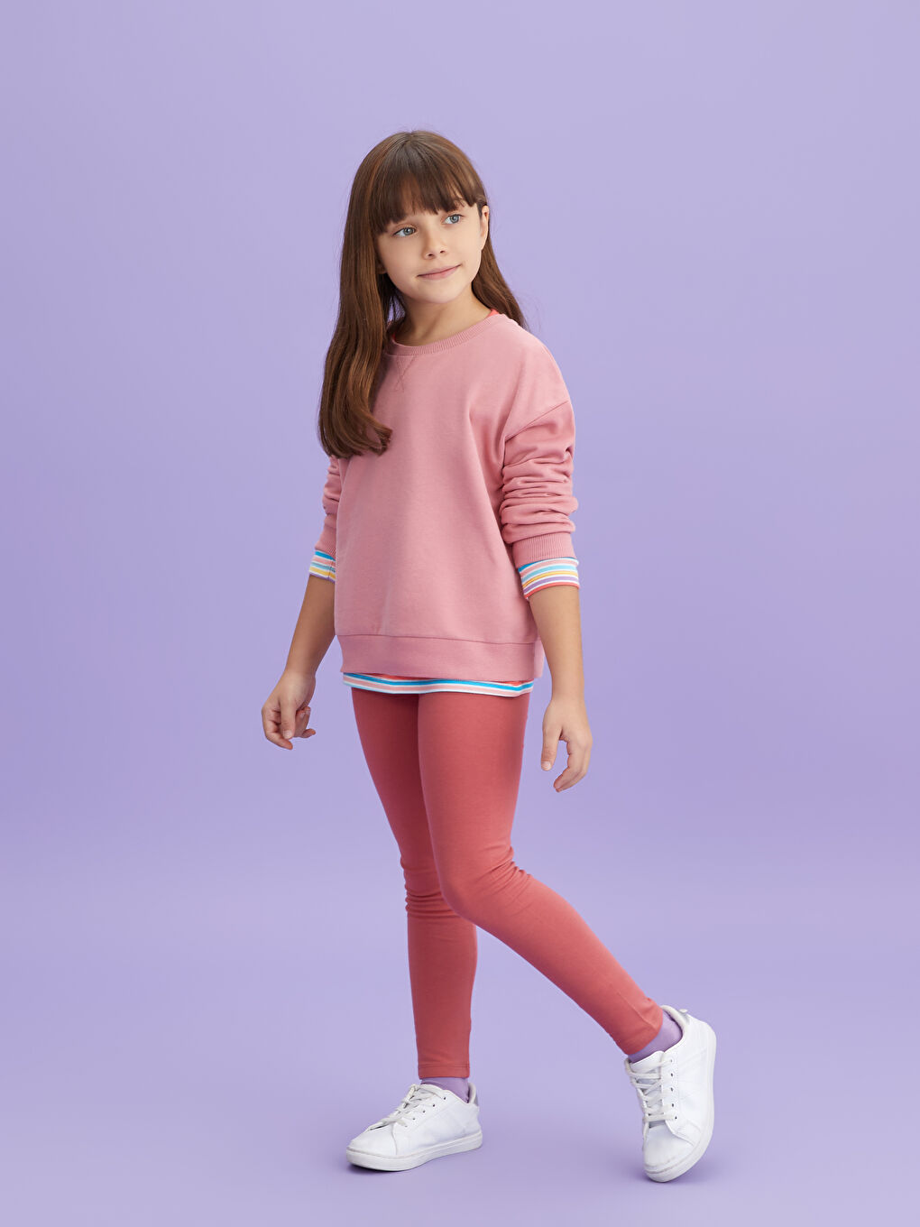 LCW Kids Mat Pembe Bisiklet Yaka Basic Uzun Kollu Kız Çocuk Sweatshirt - 1