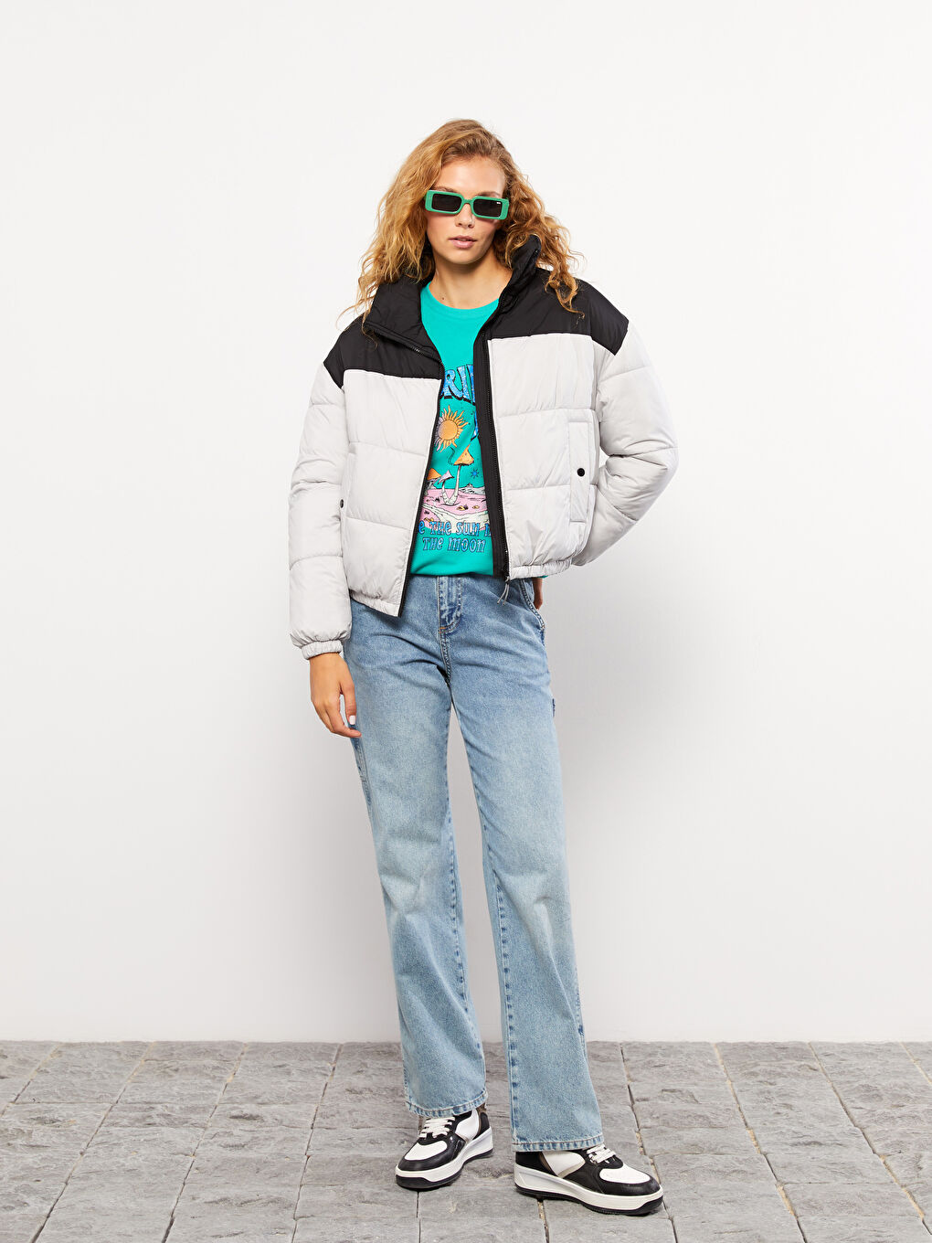 Stand Up Collar Color Block Long Sleeve Women's Down Jacket