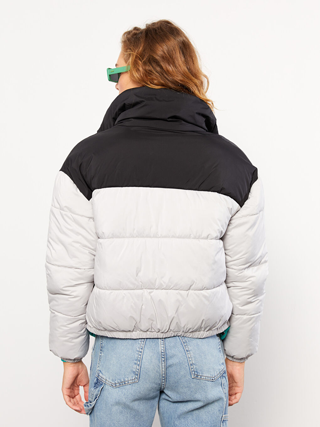 Stand Up Collar Color Block Long Sleeve Women's Down Jacket-5